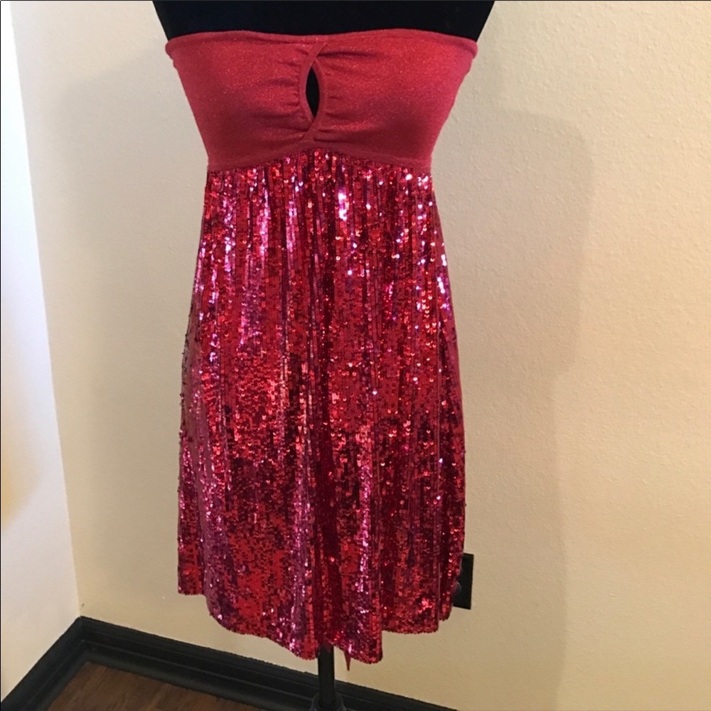 Authentic Bebe Red Sequins Halter Strapless Dress… - image 2